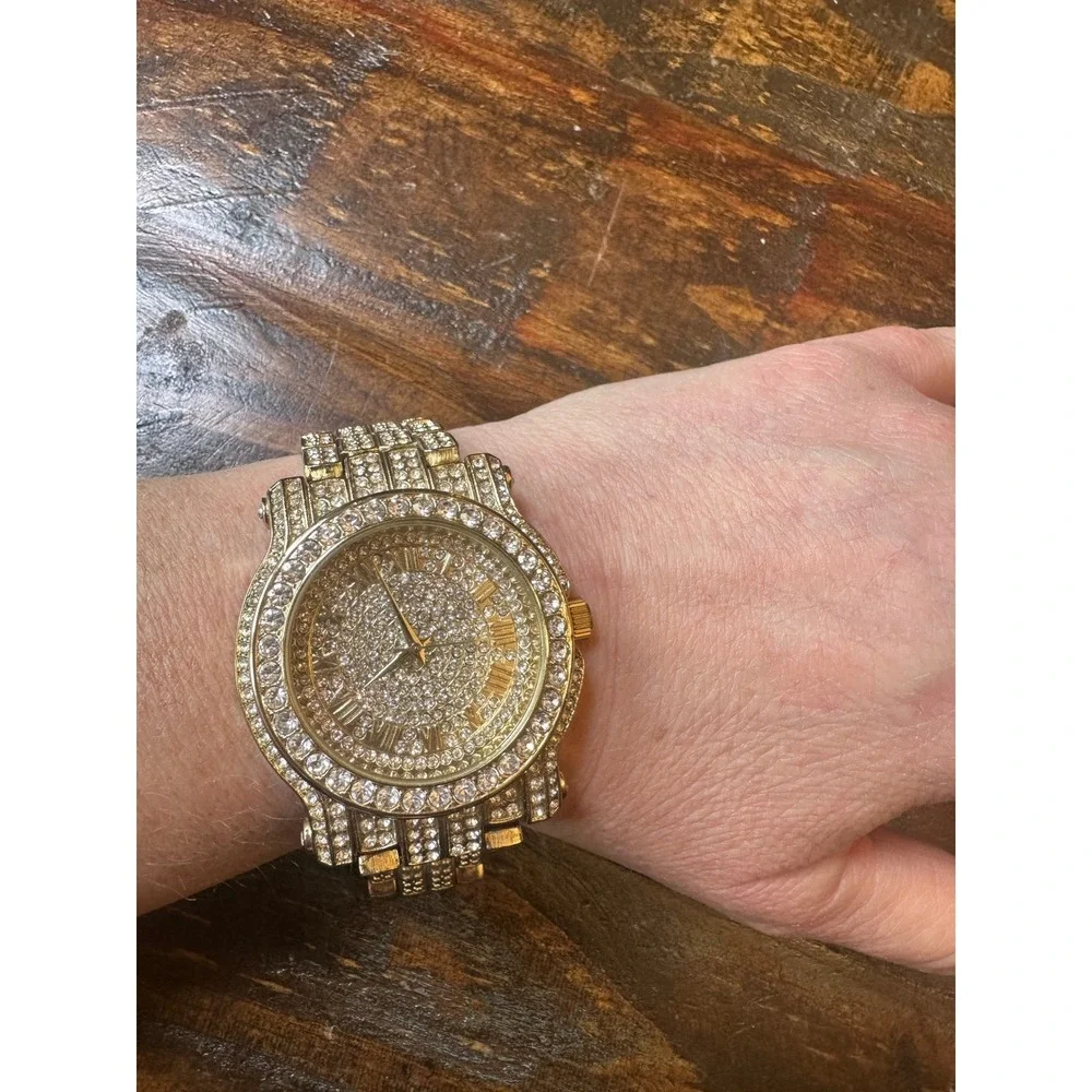 Techno Pave 7341 Iced Out Coin Dial Eagle Quartz Watch Mens Bling Gold Tone‎